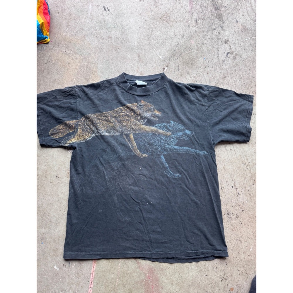 Vintage Tultex Wolf Graphic T-Shirt Mens Large Black 90s Nature Tee Cotton